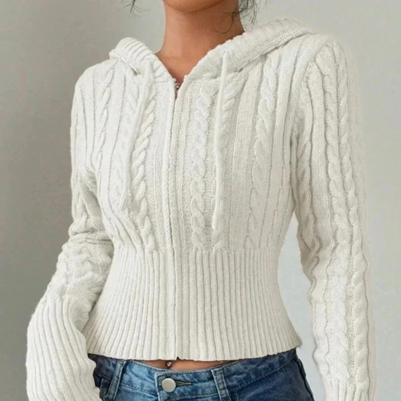 White Casual Women's Fitted Drawstring Hooded Cardigan - Picture 1 of 5